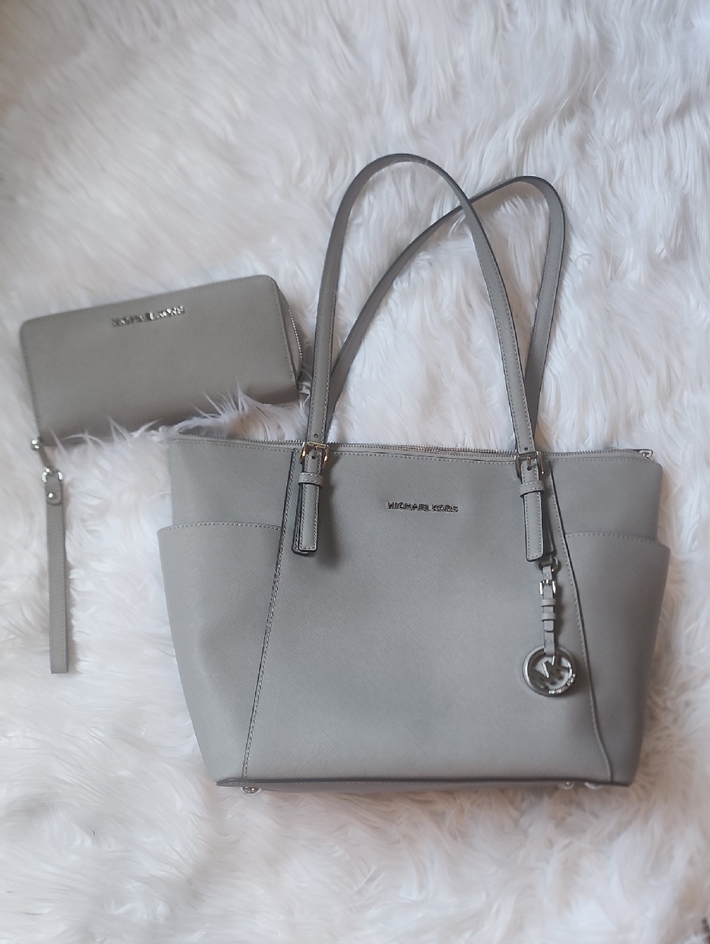 Michael Kors Silver-Gray Saffiano Tote with Wristlet